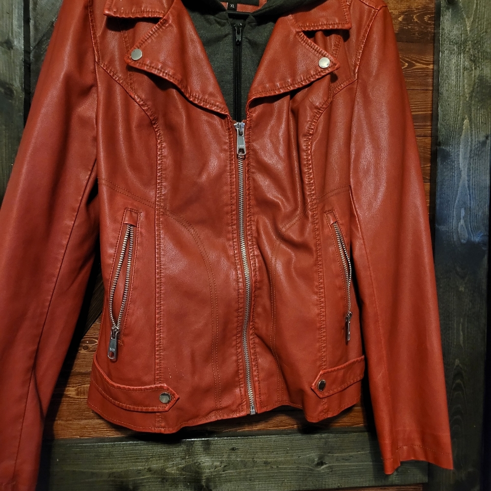 Faux leather jacket with removable hood.